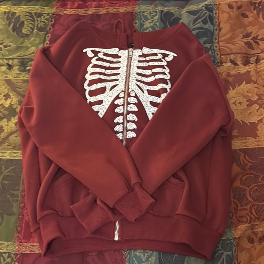 SHEIN Burgundy Hoodie with White Skeleton Print